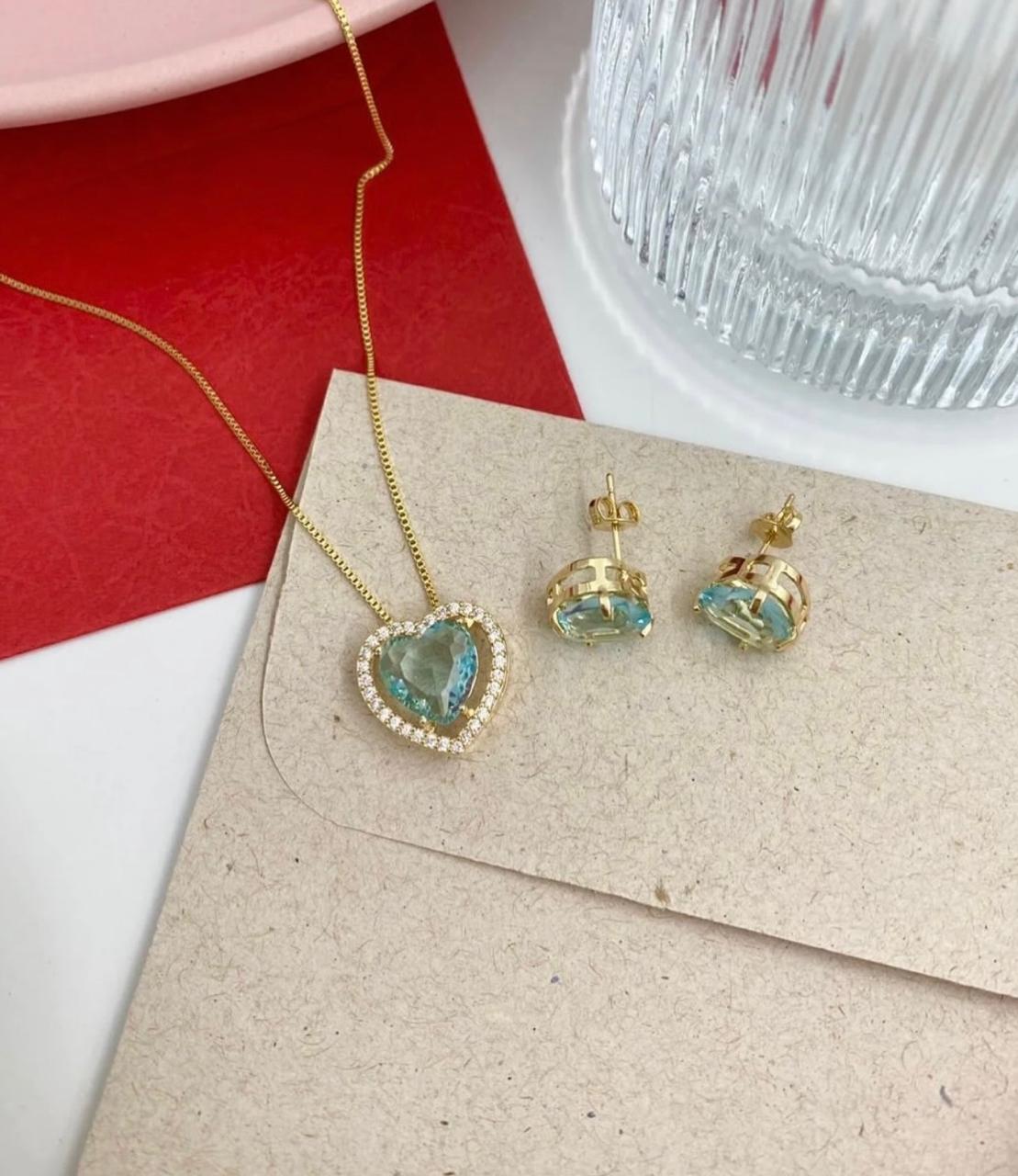 Conjunto de joias coração azul em zirconia e folhada a ouro 