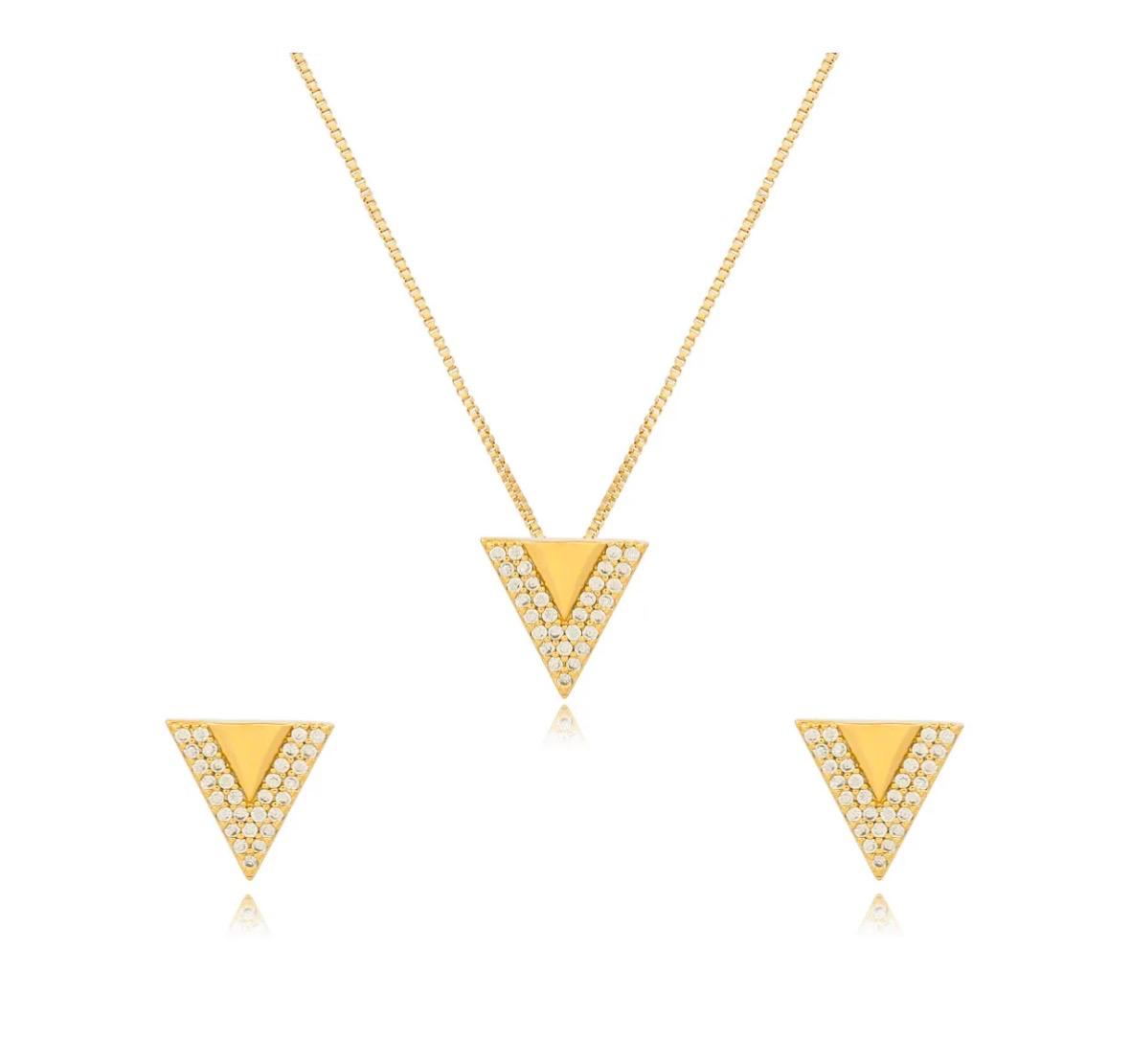Conjunto de colar e brincos em forma de triângulo folhado a ouro com zirconias
