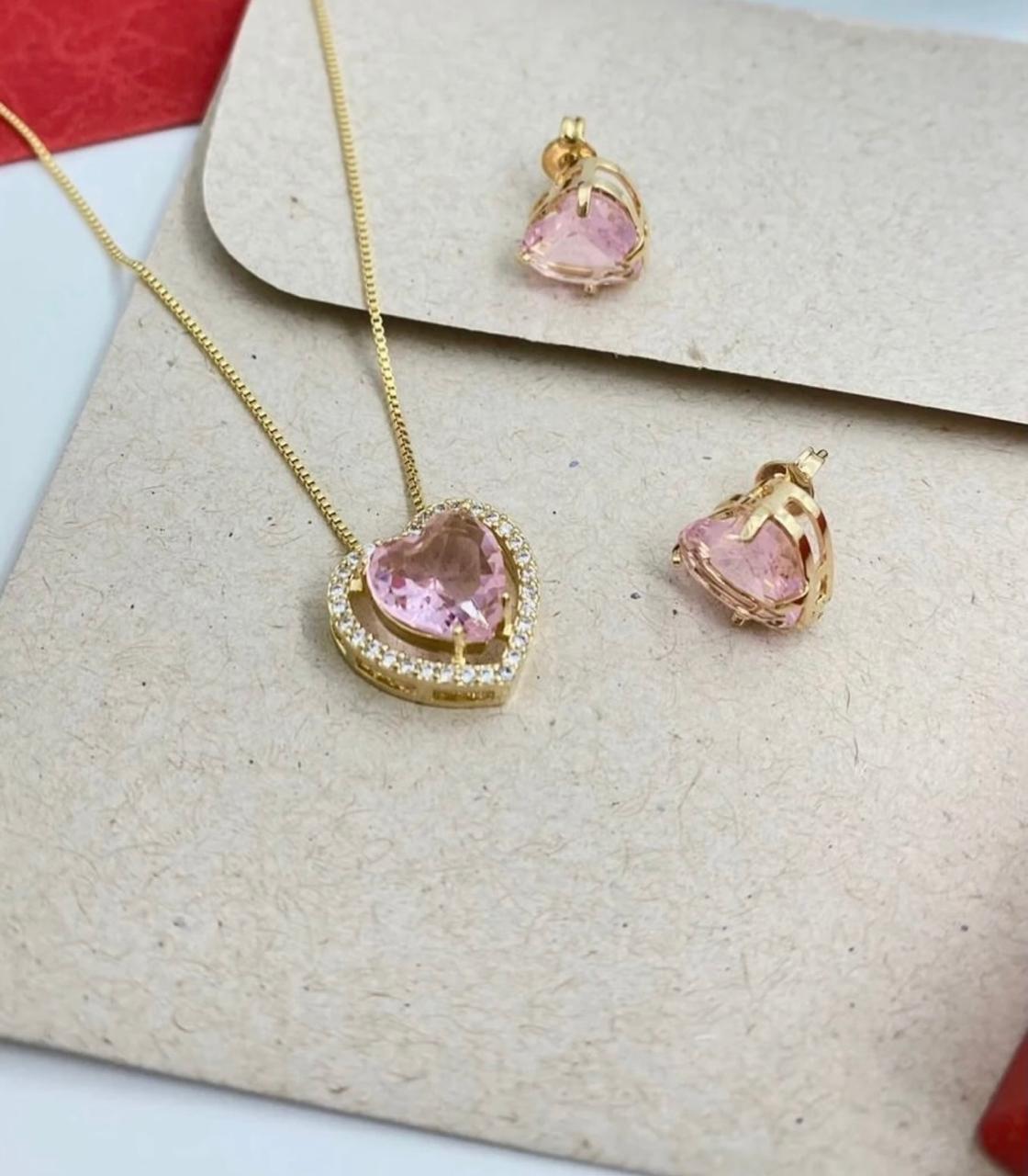 Conjunto de joias coração rosa folhado a ouro e zirconia 
