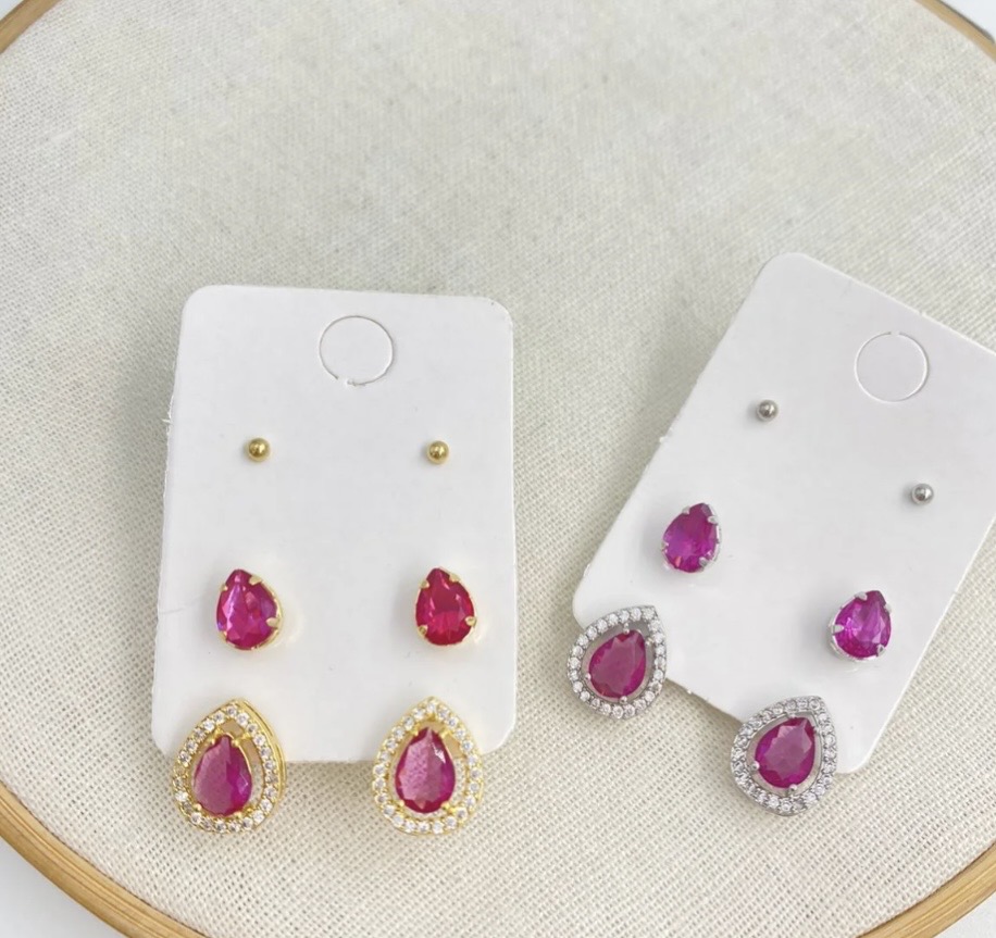 Brincos gota com zirconia rosa folhados a ouro ou prata