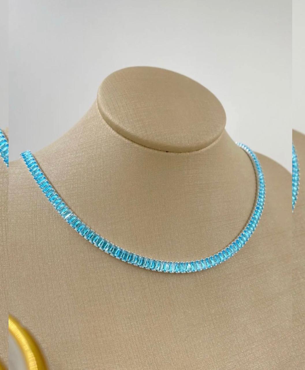 Colar riviera folhado a prata com zirconias azul turquesa