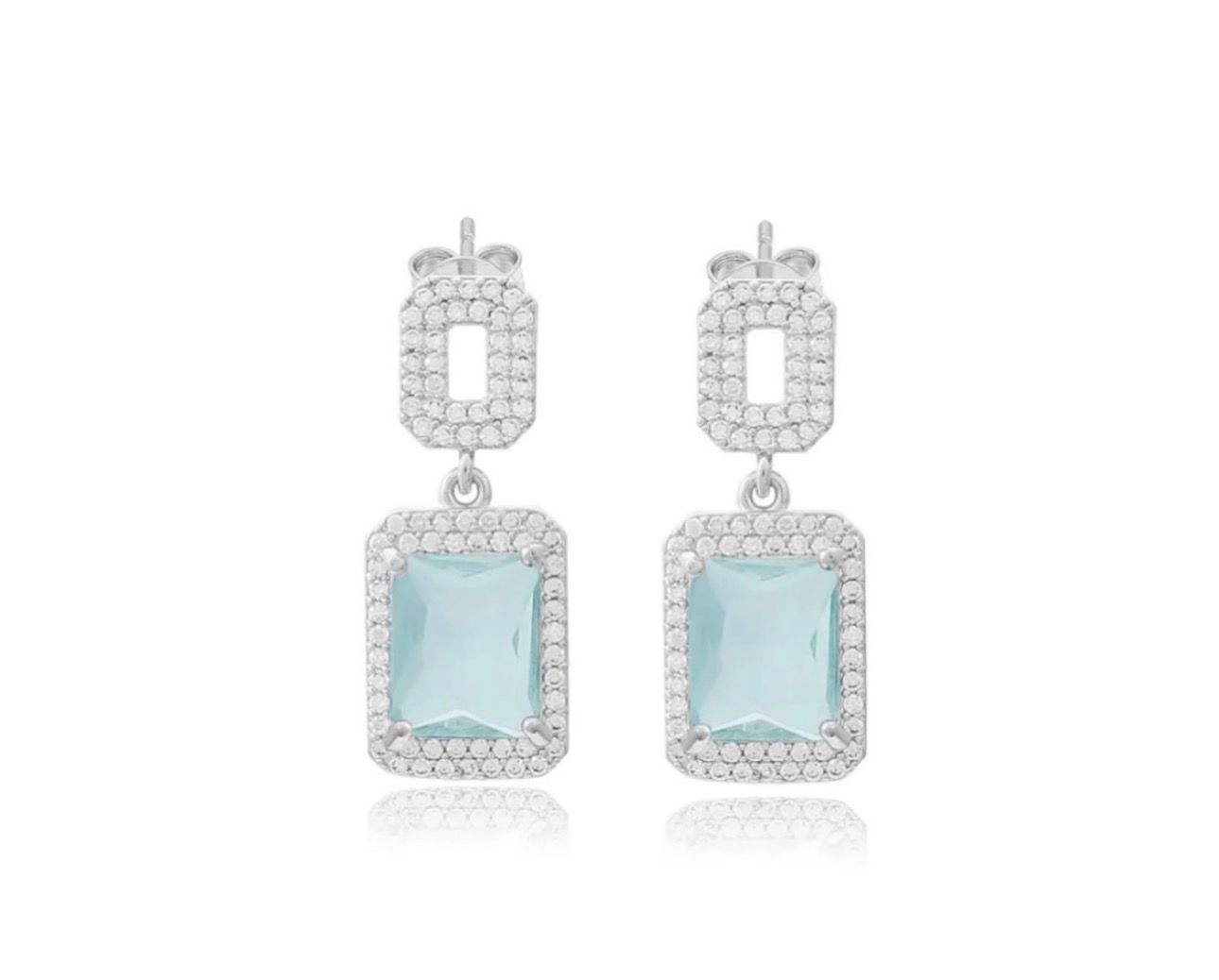 Brincos folhado a rodio branco com pedra de zirconia azul