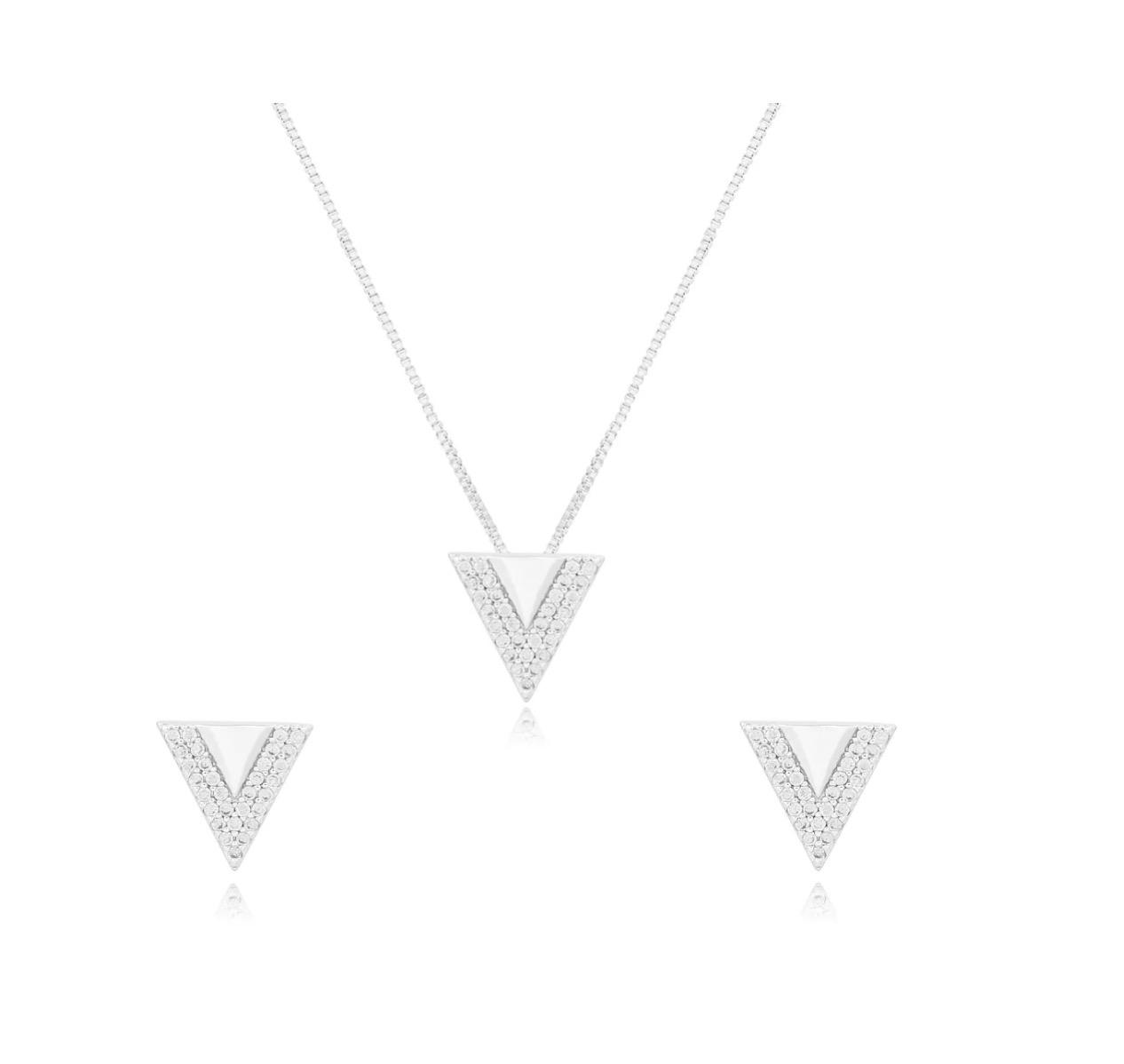 Conjunto de colar e brincos triangulares folhado a prata com zirconia 