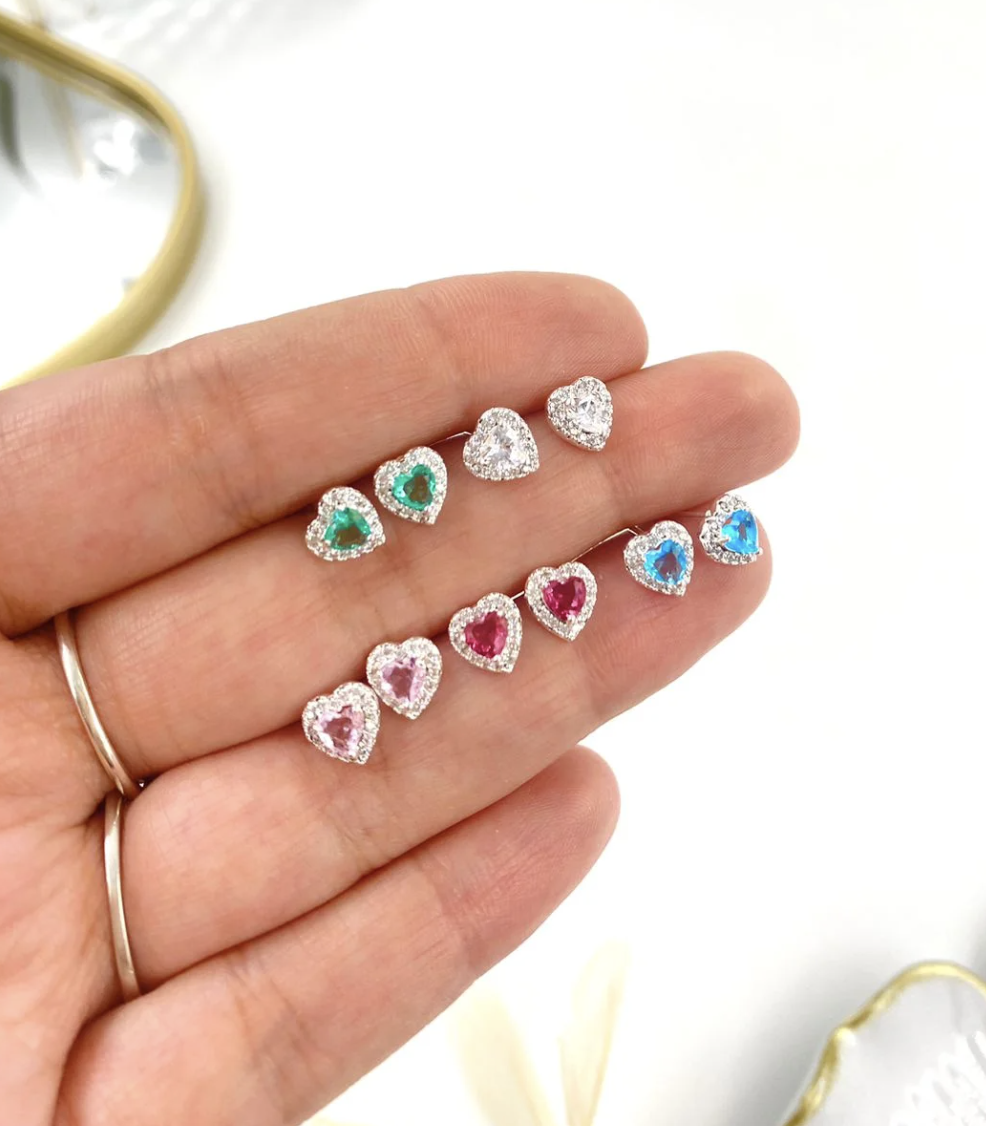 Cojunto Colar e brinco de coração com pedra colorida em prata 925