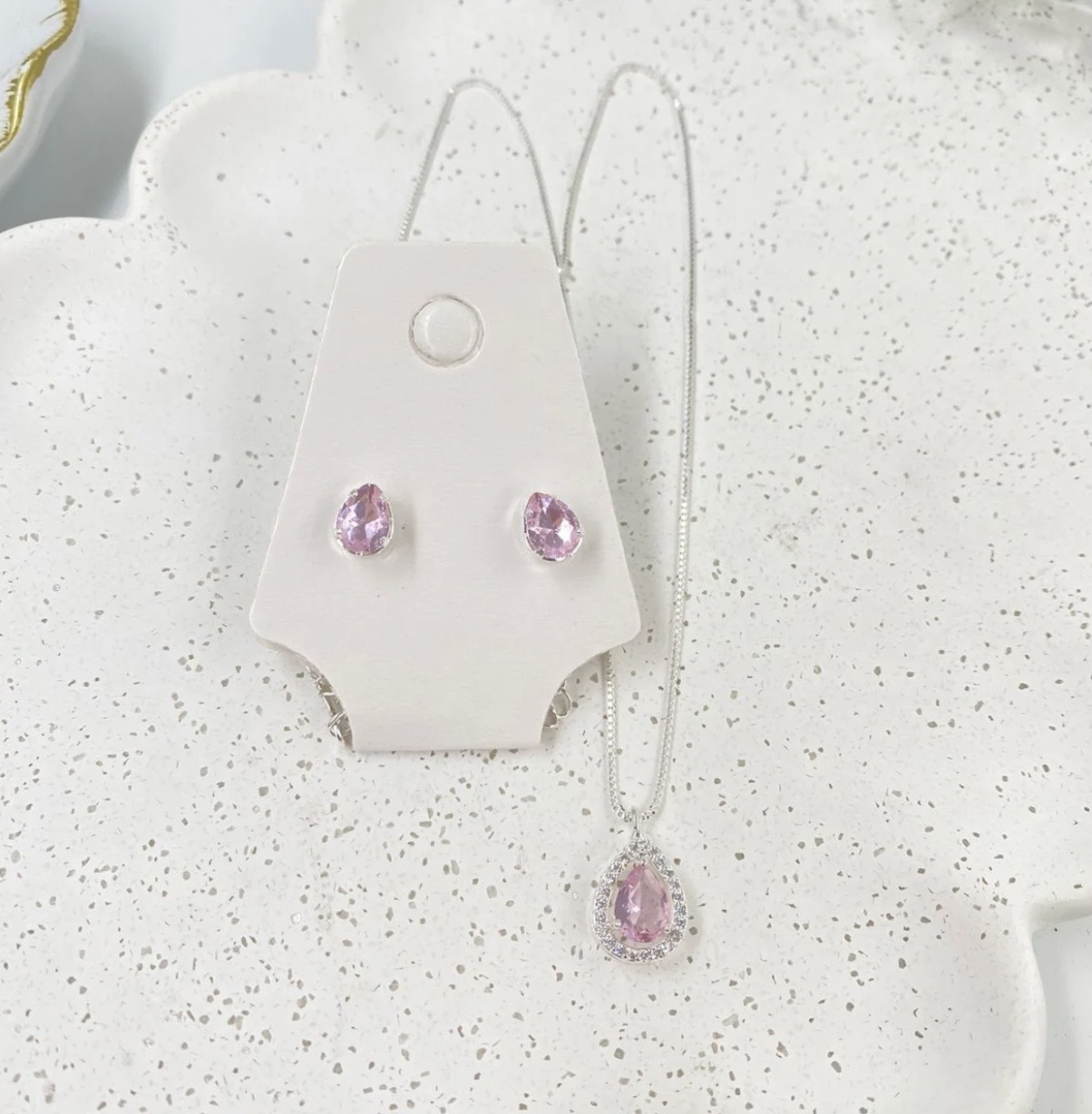 Conjunto de joias com zirconia rosa folhado a prata