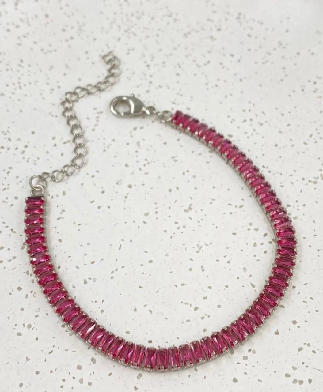 Pulseira de zirconia rosa folhada a prata 925