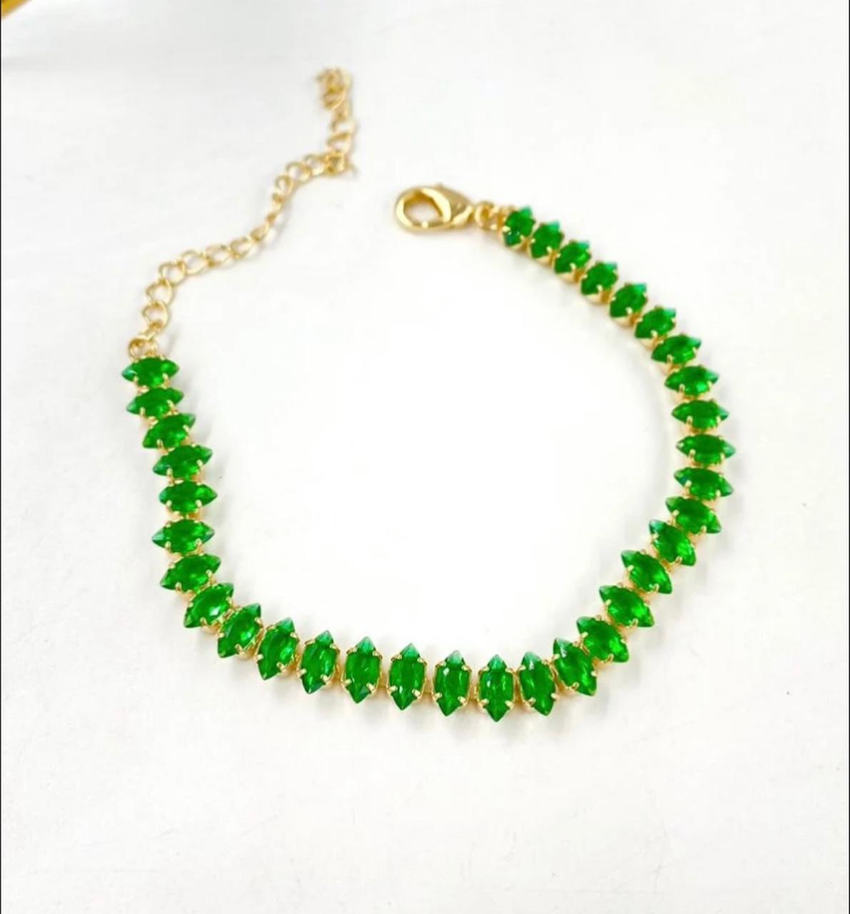 Pulseira de zirconias verdes folhada a ouro 18k