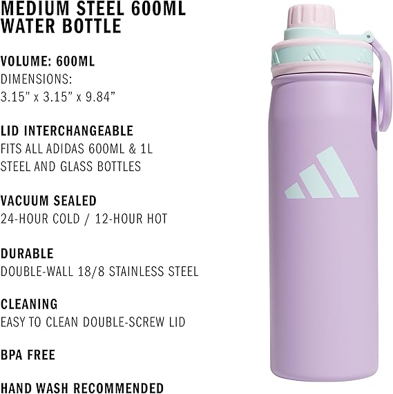 Adidas Botella de agua de acero inoxidable de 20 onzas, con aislamiento de doble pared