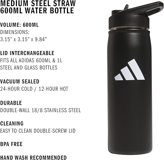 Adidas Botella de agua de metal con tapa de pajita, de 20 onzas, para agua caliente y fría