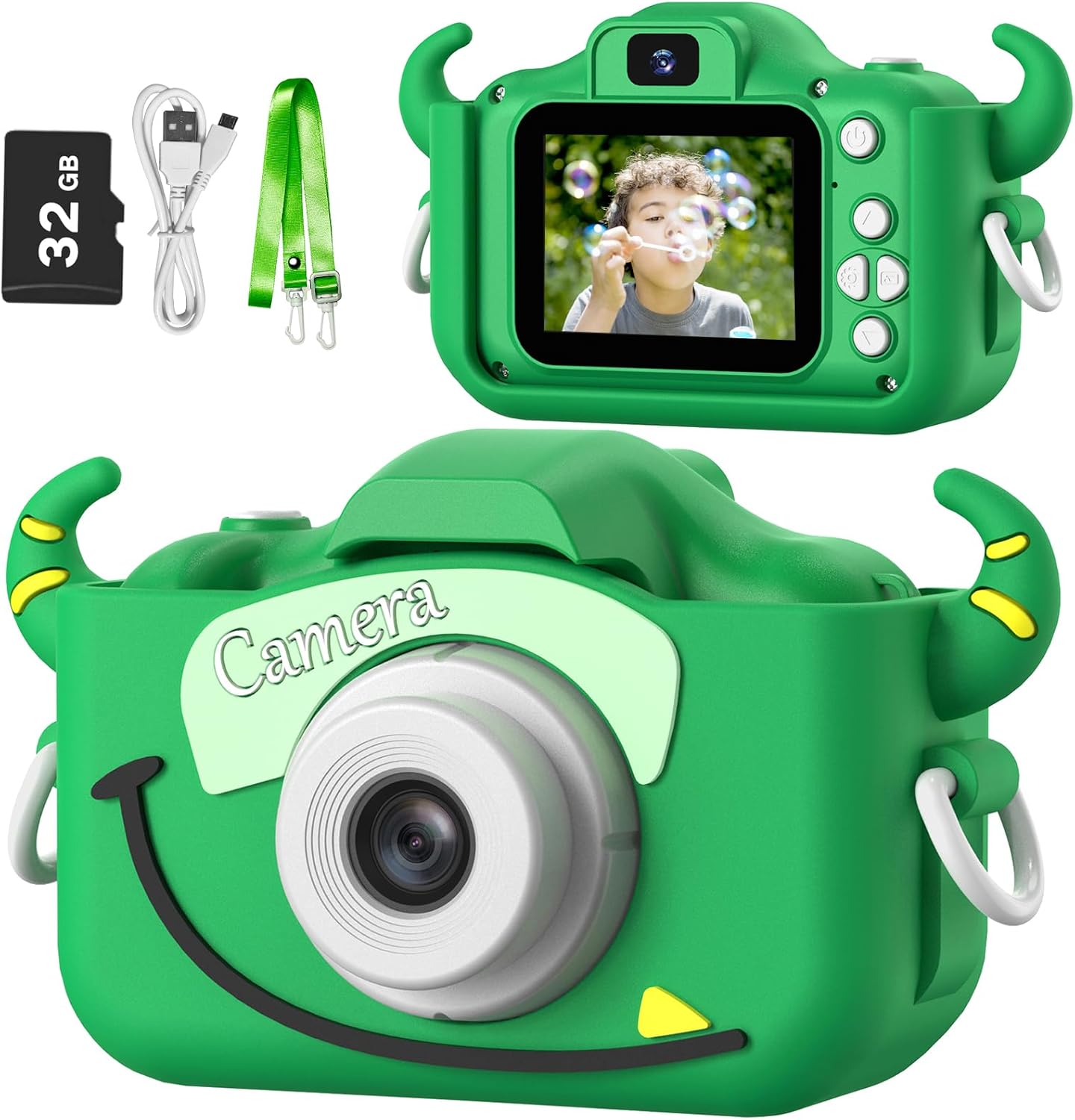 Goopow - Cámara digital para niñas y niños cámara de video con funda suave con diseño Verde 32GB