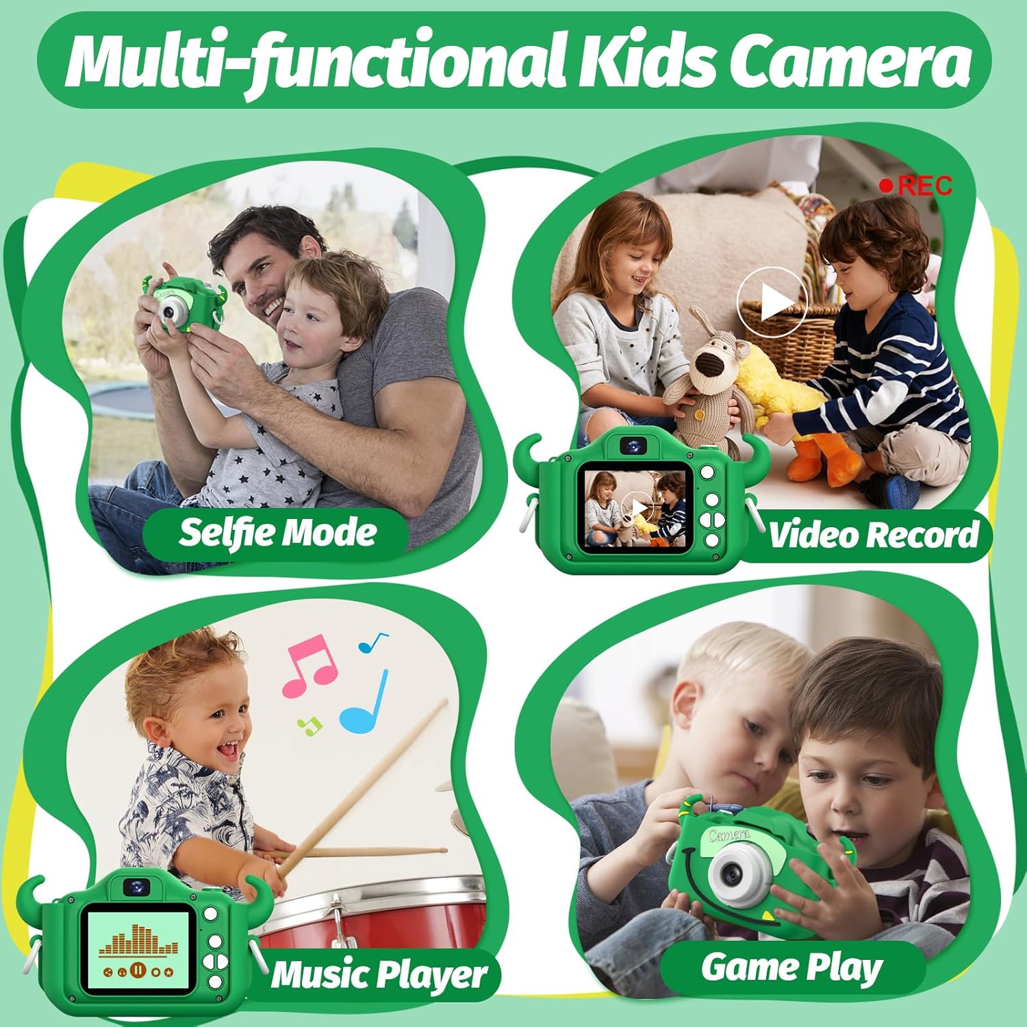 Goopow - Cámara digital para niñas y niños cámara de video con funda suave con diseño Verde 32GB