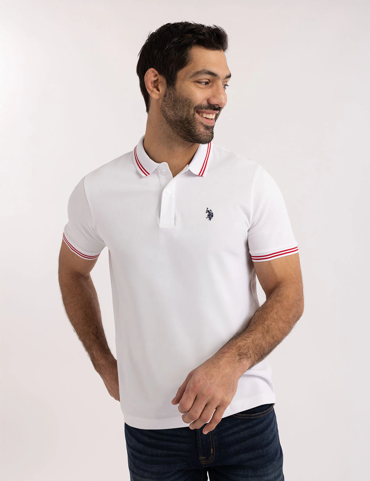 U.S. Polo Assn. Camisa Manga Corta Blanca con Lineas Rojas