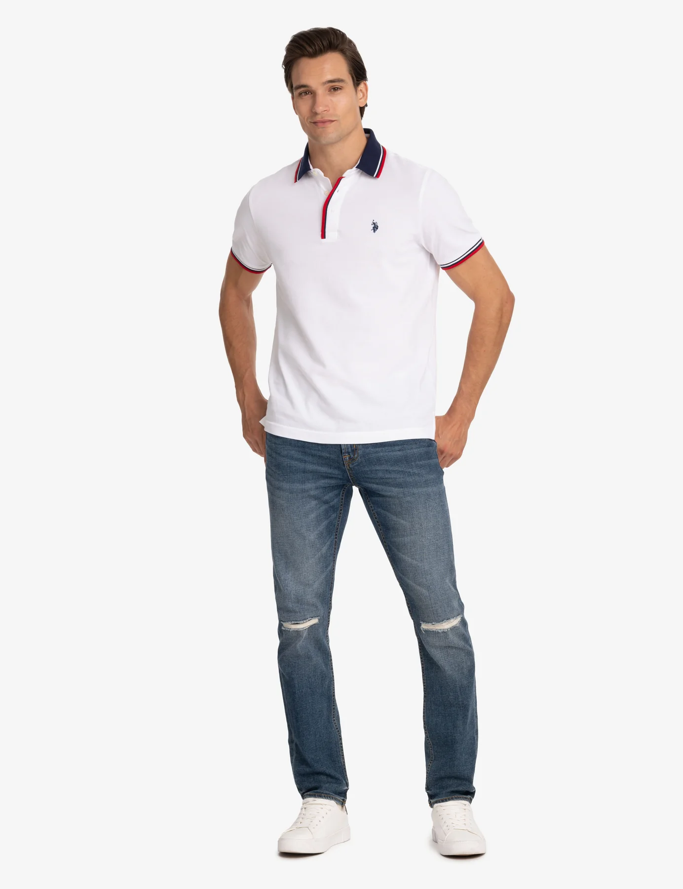 U.S. Polo Assn. Camisa Manga Corta Blanca con Cuello Azul