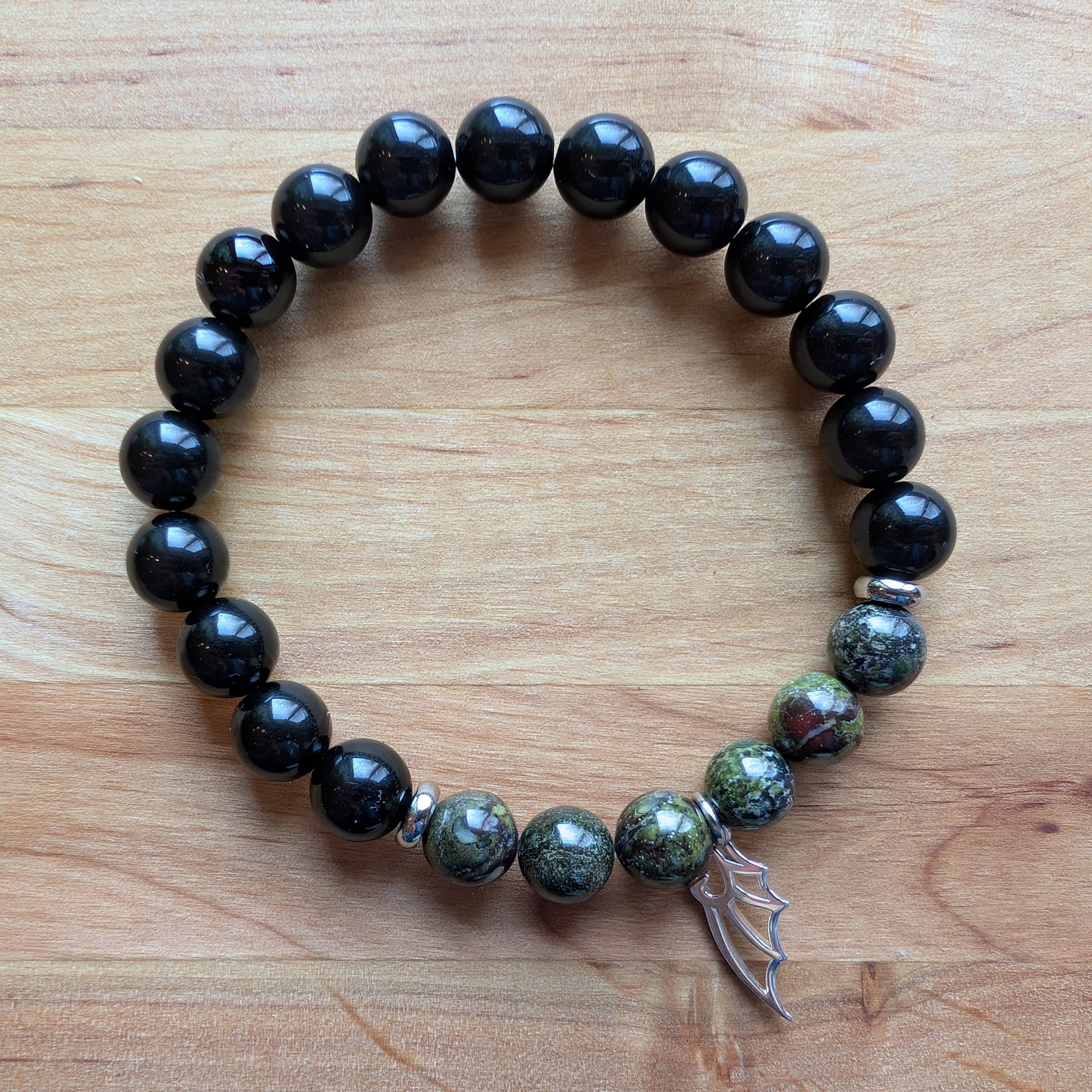 Dragon Blood Jasper and Black Obsidian Bracelet with Sterling Silver Dragon Wing