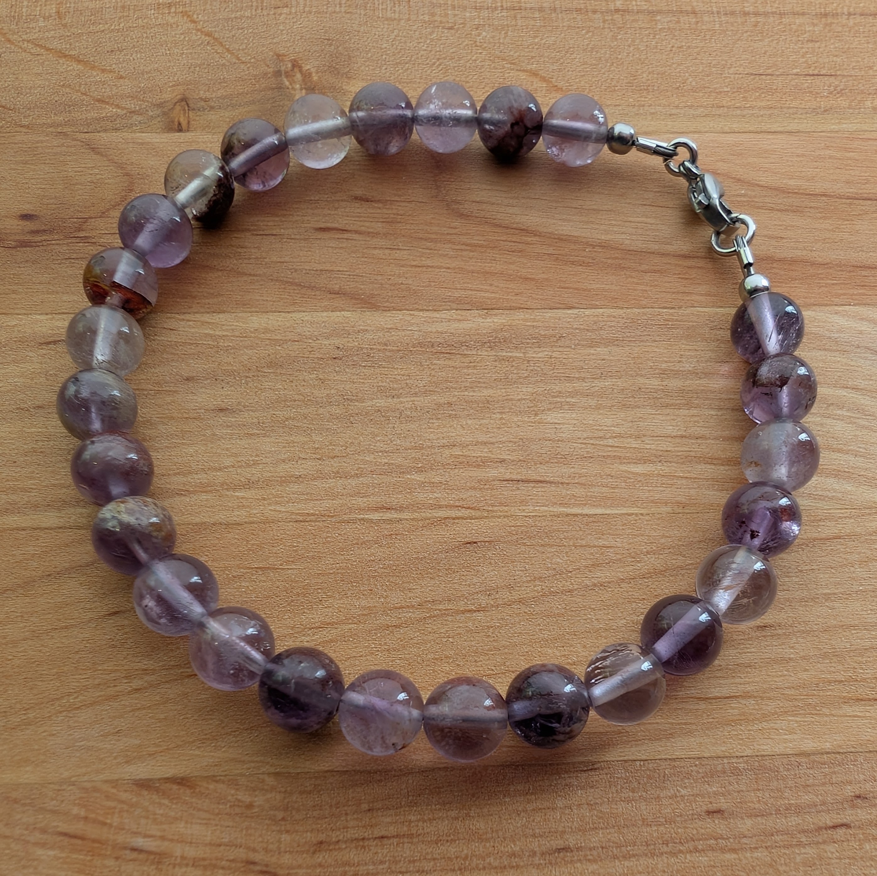 Amethyst Cacoxenite (Super 7) 7mm Clasped Bead Bracelet