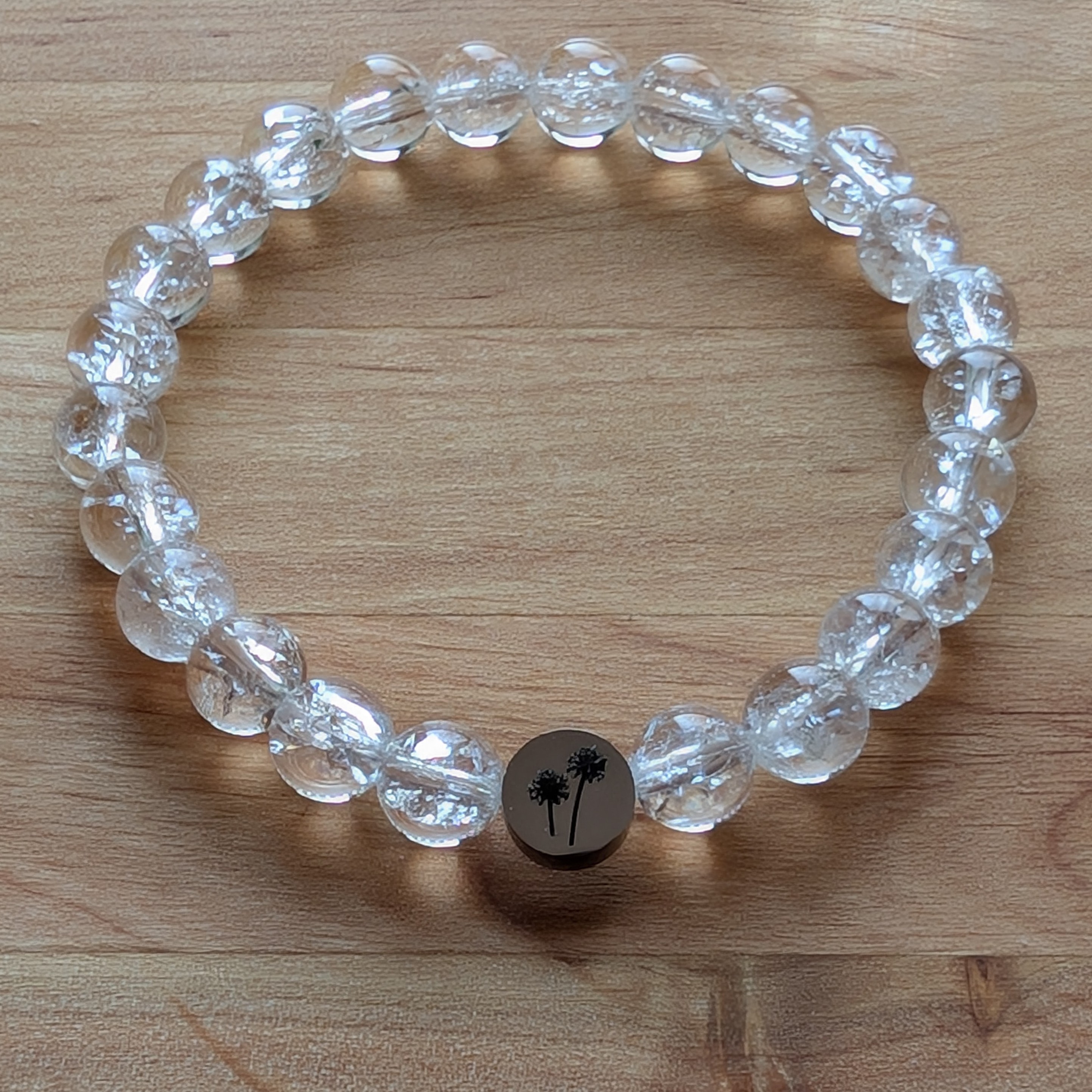 Fire and Ice Quartz 8mm  Bead Bracelet with Dandelion Bead