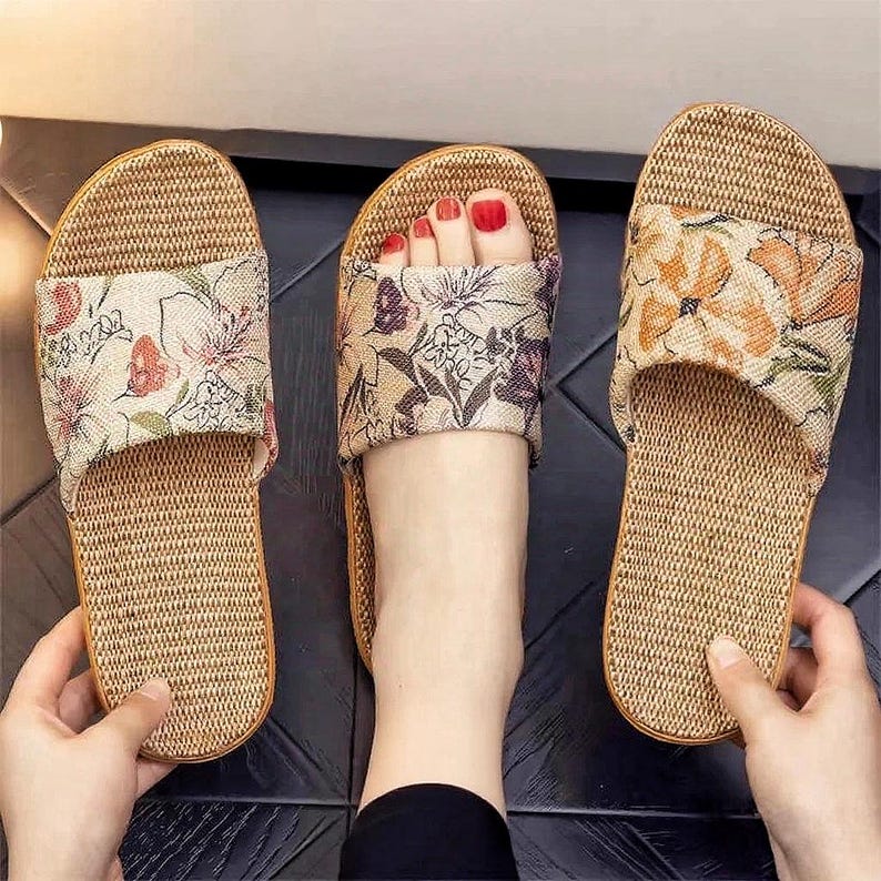 Floral Summer Open-toes Linen Slippers, Breathable Women House Shoes Sandals, Anti-Slip Comfort Footwear For Girl, Flower Striped Flip Flops
