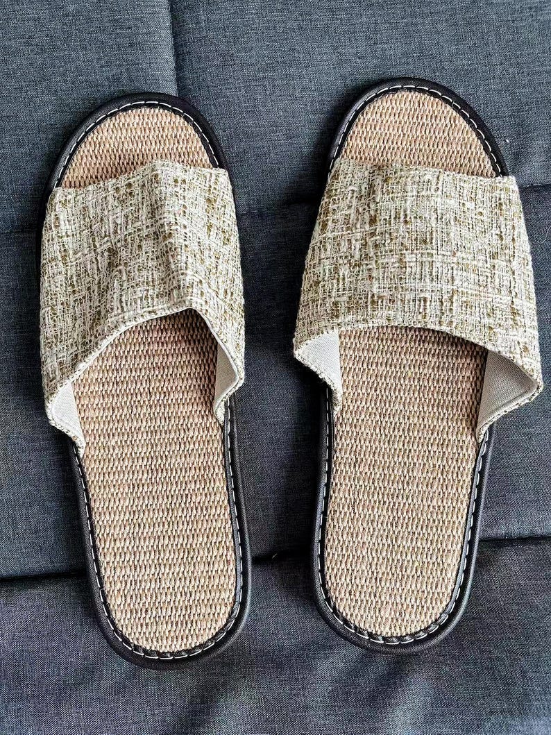 Linen Cotton Summer Slippers for Men, Japanese Tatami Slippers, Raffia Slippers, Soft Sole Indoor House Sandals, Organic Soles, Hemp Sandals
