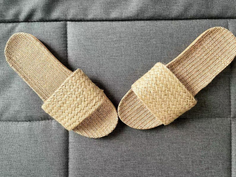 Linen Woven Slippers, Cotton Linen Summer House Shoes for Women, Rustic Indoor Slides, Women Summer Slippers, Vegan Plastic Free Slippers