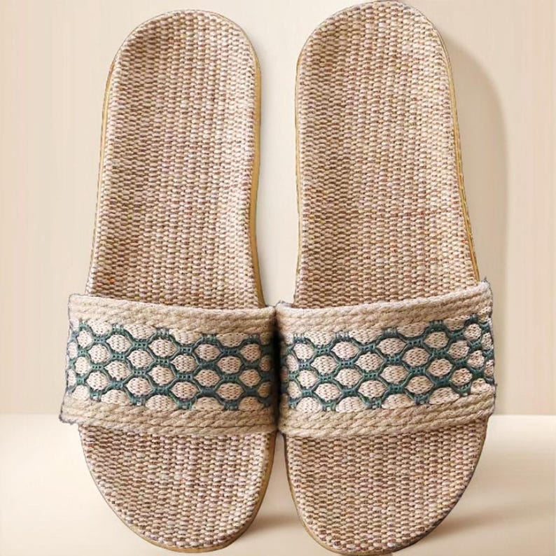 Fair Trade Linen House Slippers, Unisex Summer Linen Sandals, Floral Knit Pattern Sandals, Fair Trade Bathroom Slippers, Slides for Men