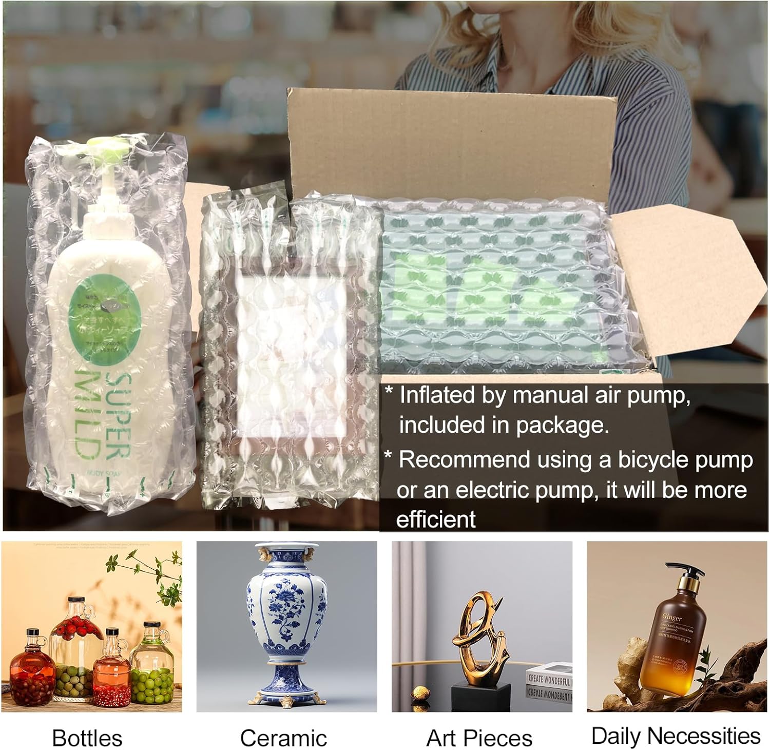 Inflatable Bubble Cushioning Wrap Roll Bottle Shipper Protector Sleeve Air Bubbles Packing Supplies for Fragile Items, Air Pillows for Shipping Moving Packaging Material