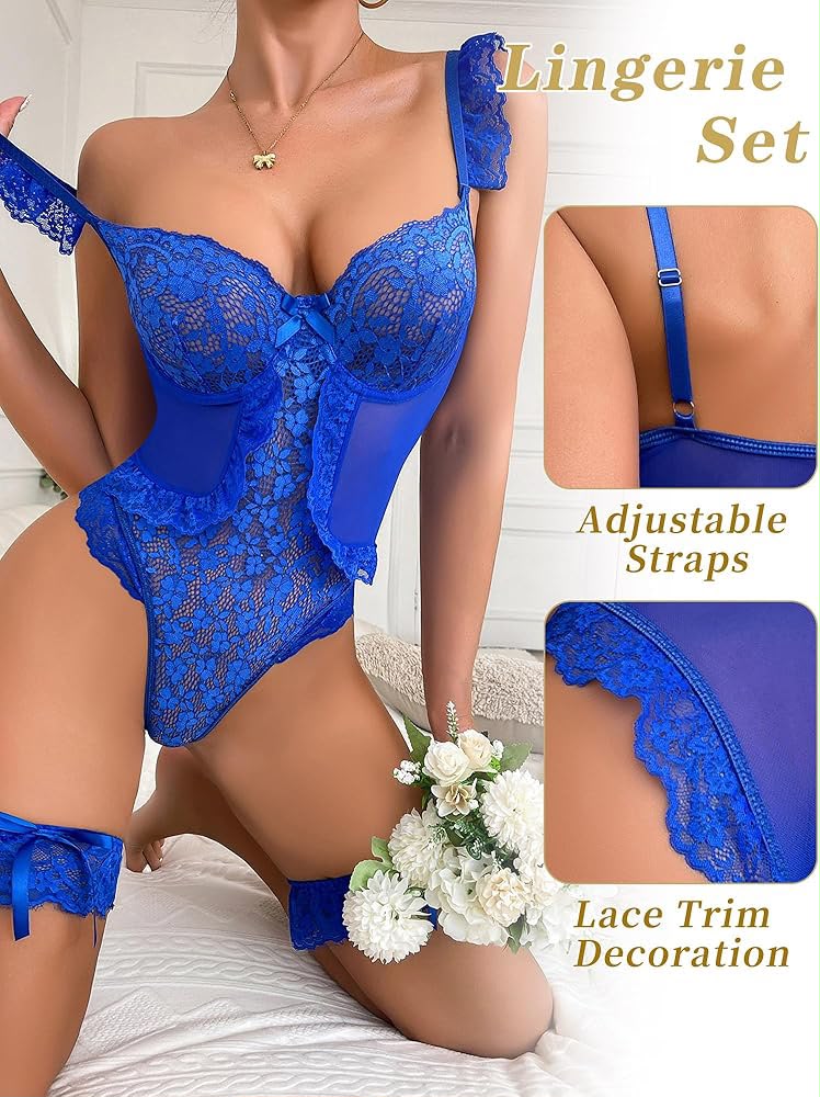LSDZ121 - Blue Lace Garter Ribbon Jumpsuit