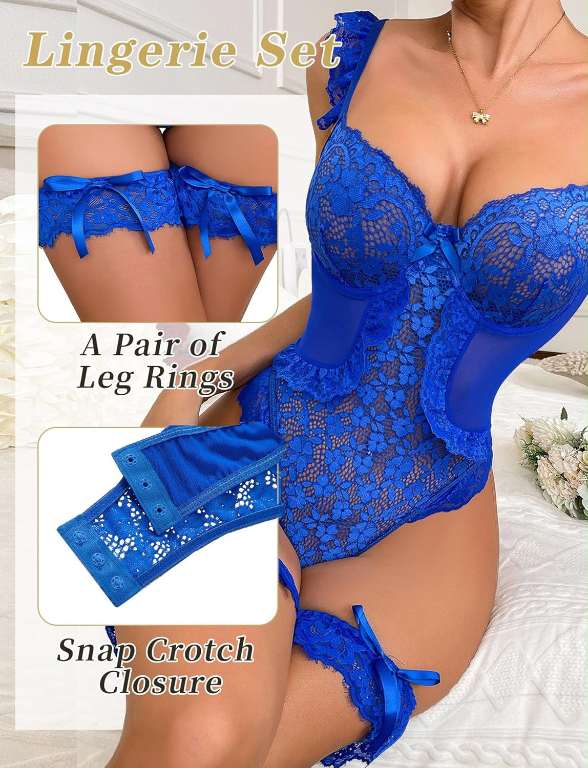 LSDZ121 - Blue Lace Garter Ribbon Jumpsuit