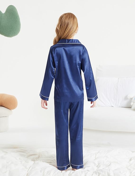 DIPUG Girls Satin Pajamas Long Sleeve Sleepwear Set Silky Feel Pjs for Kids Ages 4 to 13