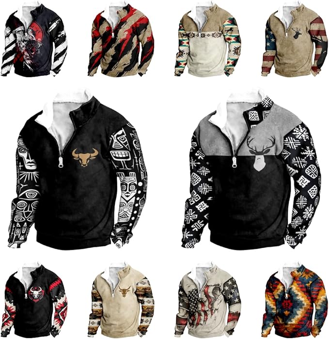 Aztec Ethnic Hoodies For Men Tribe Graphic 1/4 Zip Collared Pullover Vintage Big and Tall Casual Sweatshirts