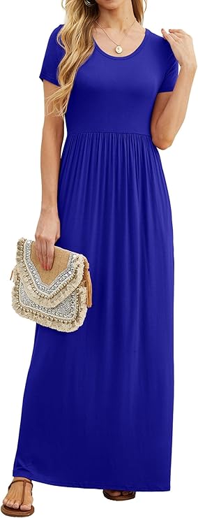 GRECERELLE Women Summer Crew Neck Casual Short Sleeve Solid Floral Print Long Maxi Dress with Pockets