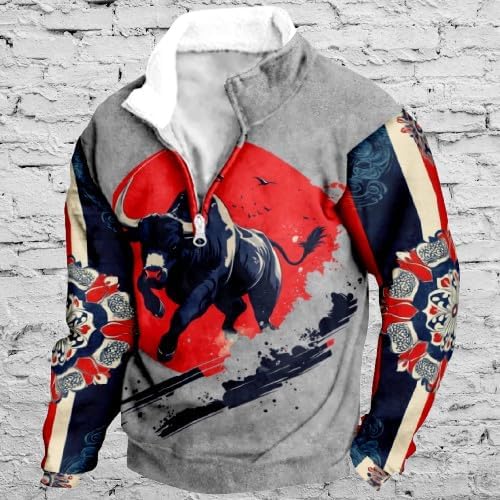 Aztec Ethnic Hoodies For Men Tribe Graphic 1/4 Zip Collared Pullover Vintage Big and Tall Casual Sweatshirts