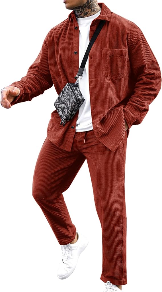 LecGee Men's 2 Piece Corduroy Shacket and Pants Outfits Long Sleeve Causal Autumn Winter Jacket Tracksuit Overshirt Set