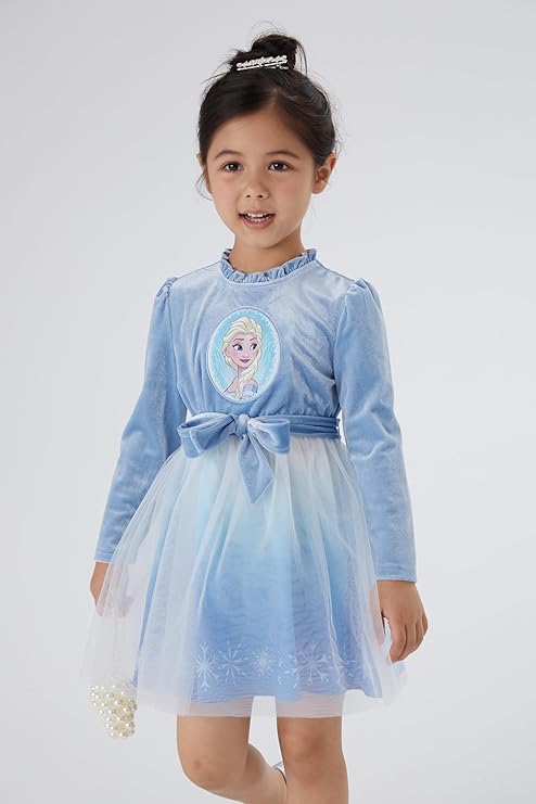 Disney Frozen Elsa Princess Cinderella Ariel Jasmine Rapunzel Baby/Toddler Dress, Ruffle Long-Sleeve Mesh Overlay Tulle Dress