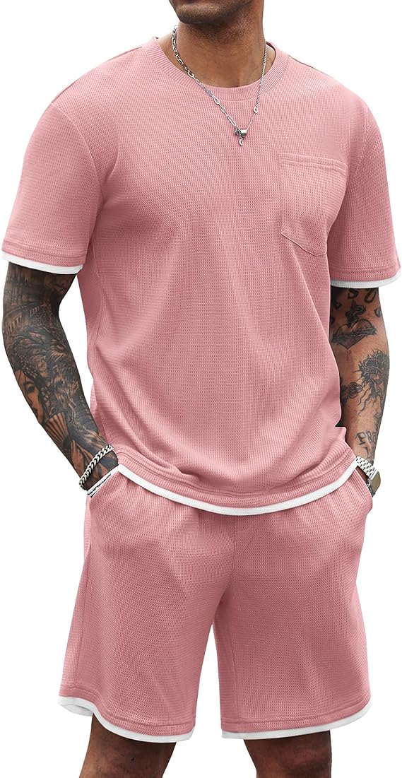 COOFANDY Men's Waffle Shirt and Shorts Set 2 Piece Outfits Casual Summer Tracksuits Set with Pockets