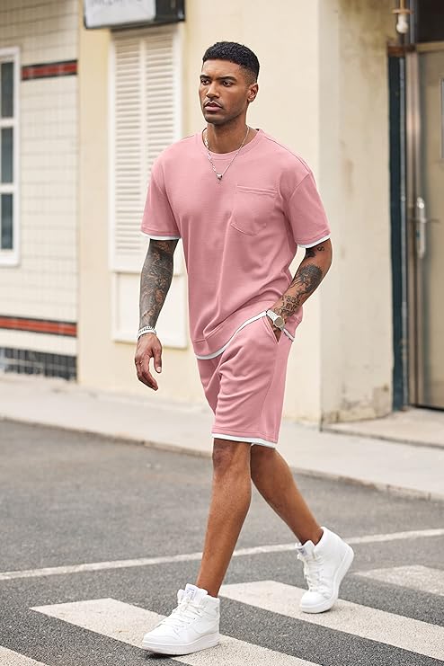 COOFANDY Men's Waffle Shirt and Shorts Set 2 Piece Outfits Casual Summer Tracksuits Set with Pockets