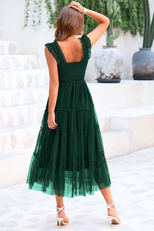 PRETTYGARDEN Women's Summer Tulle Midi Dress Sleeveless Smocked Ruffle Flowy Mesh Dresses Party Wedding Guest Sundress