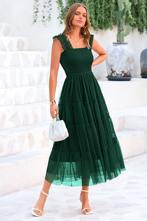 PRETTYGARDEN Women's Summer Tulle Midi Dress Sleeveless Smocked Ruffle Flowy Mesh Dresses Party Wedding Guest Sundress