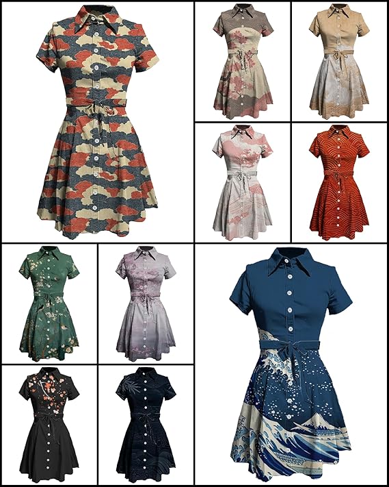 MARSVOVO Japanese Art Shirt Dresses for Women Short Sleeve Ruffle Button Down Tie Waist Trendy Elegant Midi Dress