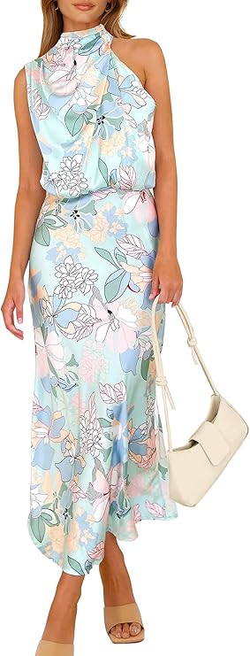 PRETTYGARDEN Women's 2025 Summer Satin Dress Elegant Sleeveless Mock Neck Cocktail Party Maxi Dresses
