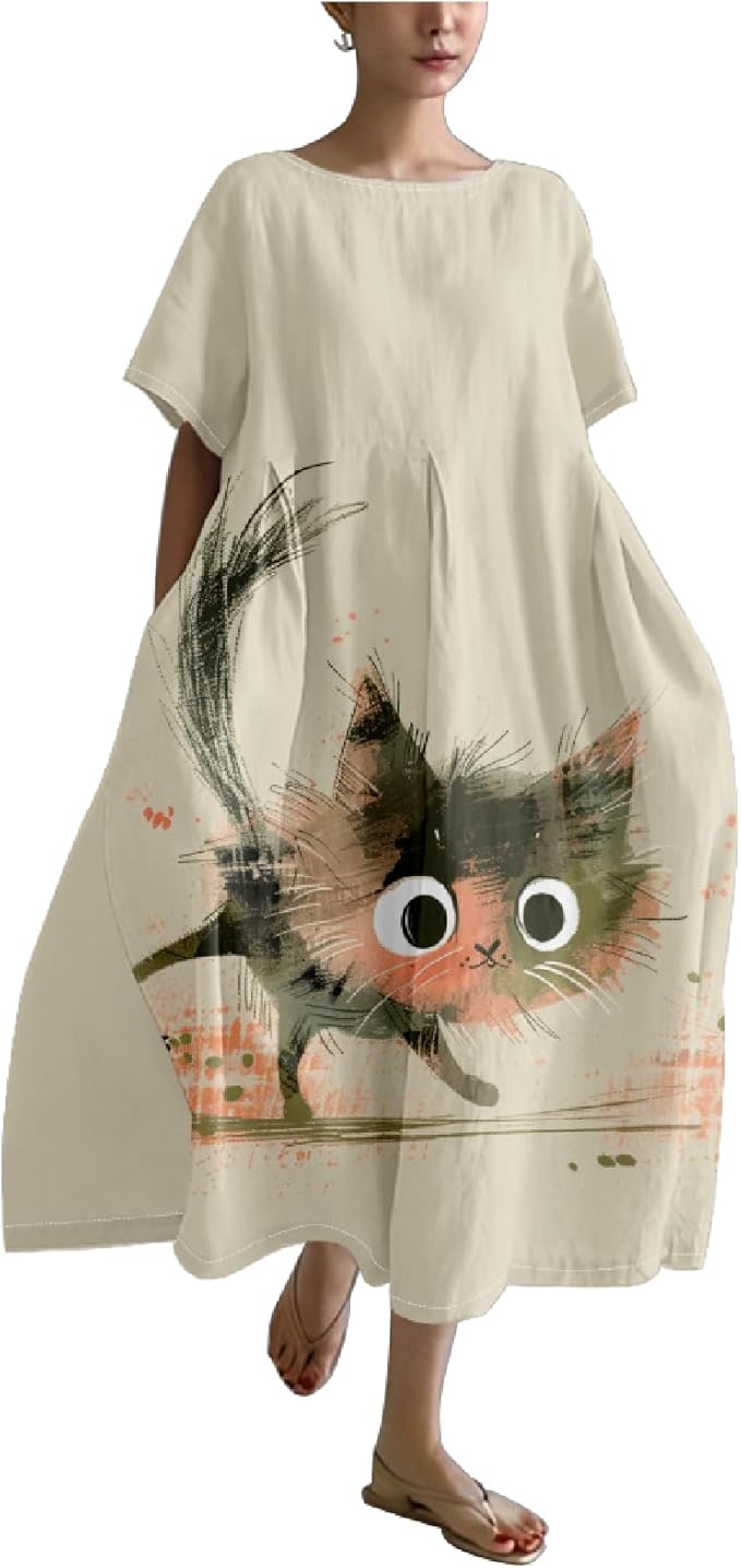 MARSVOVO Summer Dress for Women Funny Cat Graphic Cute Short Sleeve Maxi Dress Causal Plus Size Party Dress for Women