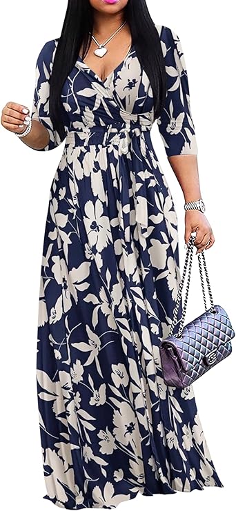 Yajedo Womens Casual Summer Maxi Dress Plus Size Sexy Warp V Neck 3/4 Sleeve Sundress with Poctets