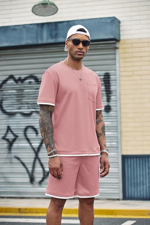 COOFANDY Men's Waffle Shirt and Shorts Set 2 Piece Outfits Casual Summer Tracksuits Set with Pockets