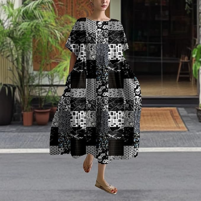 MARSVOVO Patchwork Flowy Dresses for Women Plus Size Loose Casual Tunic Dress Elegant Crewneck Maxi Dresses with Pockets