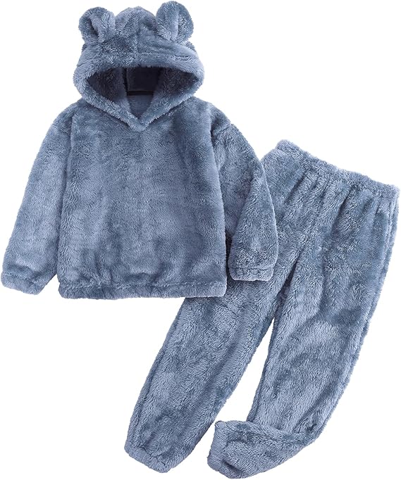 Flygo Girls Fuzzy Pants Set Crop Hoodie Bear Ear Two Piece Outfits Fluffy Sweatshirt and Fleece Pants Sweatsuit