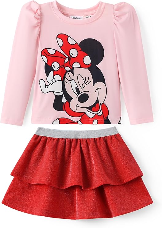 Disney Frozen Elsa Stitch Princess Minnie Toddler Girl 2 Piece Outfit Puff Sleeve Top & Sparkly Skirt Set Birthday Dress 2-9Y