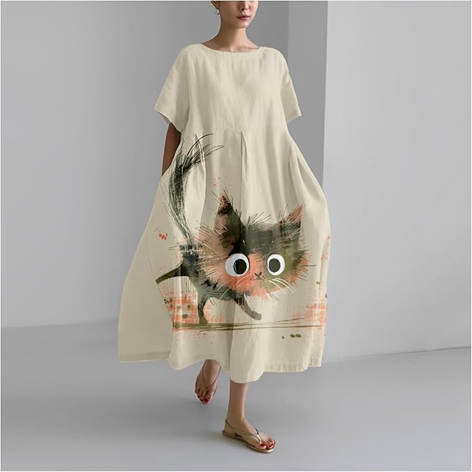 MARSVOVO Summer Dress for Women Funny Cat Graphic Cute Short Sleeve Maxi Dress Causal Plus Size Party Dress for Women