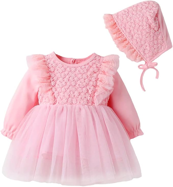 Newborn Infant Baby Girl Toddler Christmas Birthday Outfits Flower Print Soft Christening Baptism Dress with Bonnet