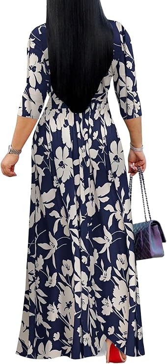 Yajedo Womens Casual Summer Maxi Dress Plus Size Sexy Warp V Neck 3/4 Sleeve Sundress with Poctets