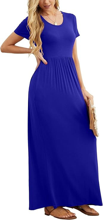 GRECERELLE Women Summer Crew Neck Casual Short Sleeve Solid Floral Print Long Maxi Dress with Pockets