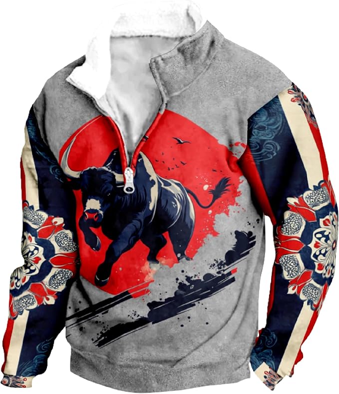 Aztec Ethnic Hoodies For Men Tribe Graphic 1/4 Zip Collared Pullover Vintage Big and Tall Casual Sweatshirts